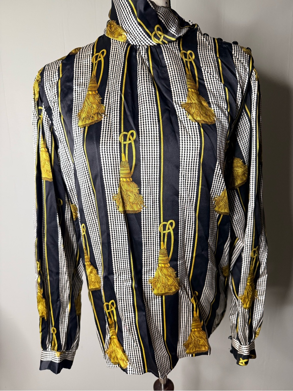 Carlisle Black, White & Gold Tassel-Print Blouse